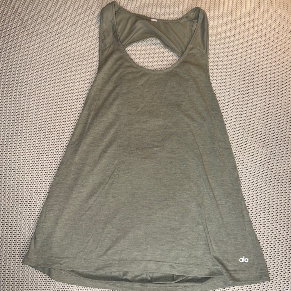 Alo Yoga Womens Open Back Draped Cutout Tank Top Olive Green Heathered Gym Top
